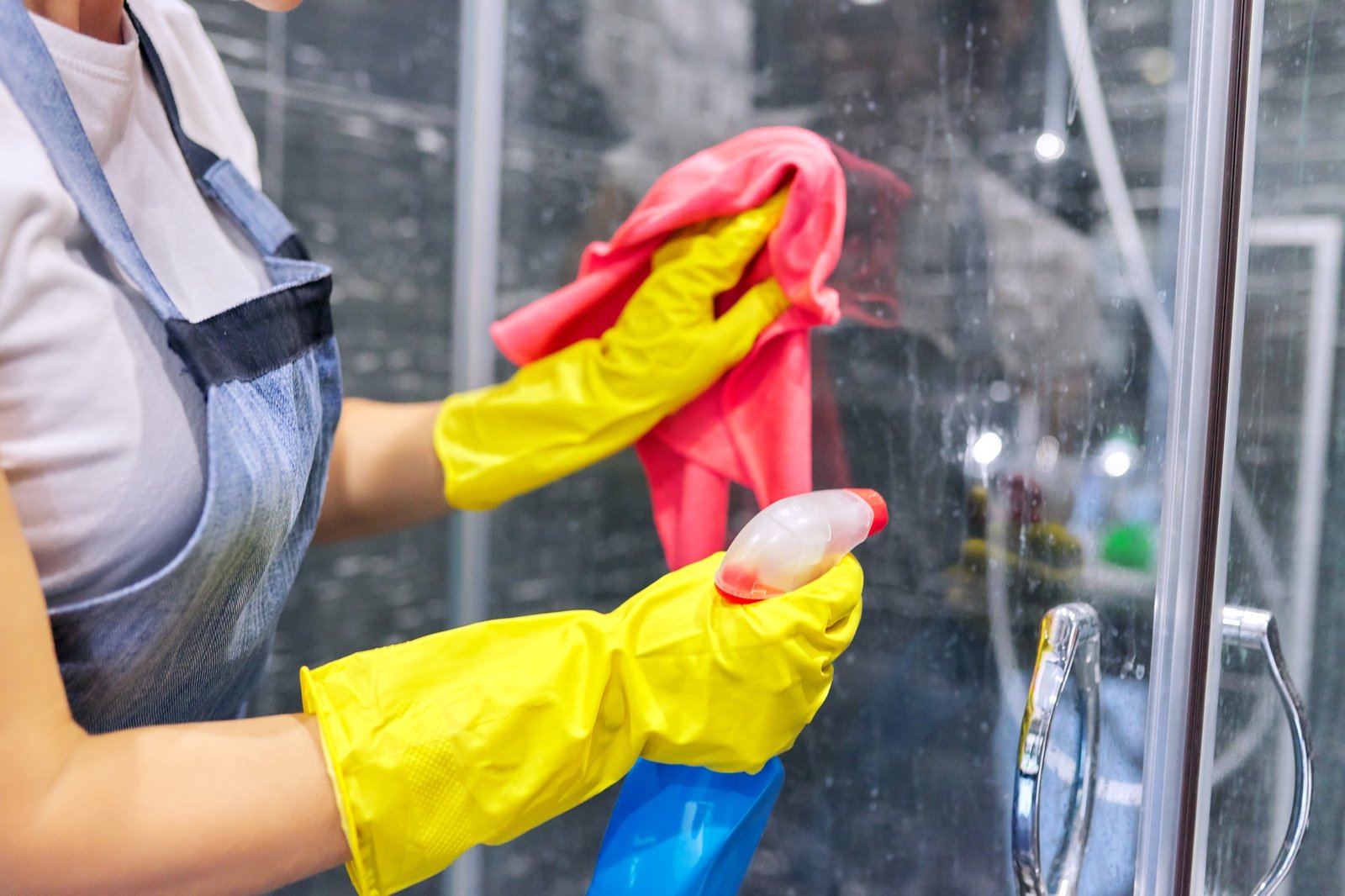 Cleaning lady woman washing glass of shower cabin in bathroom