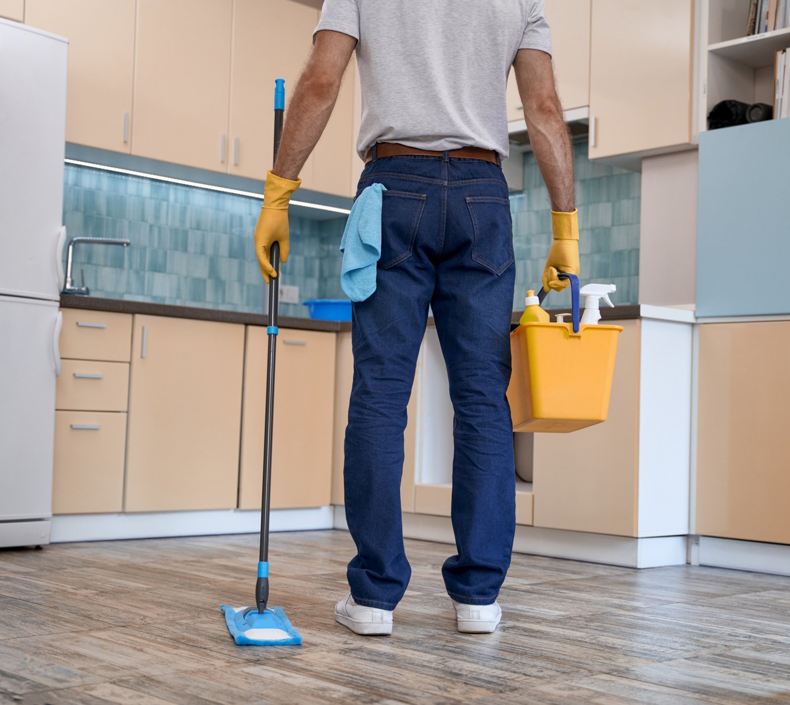 Man holding mop and bucket with cleaning stuff